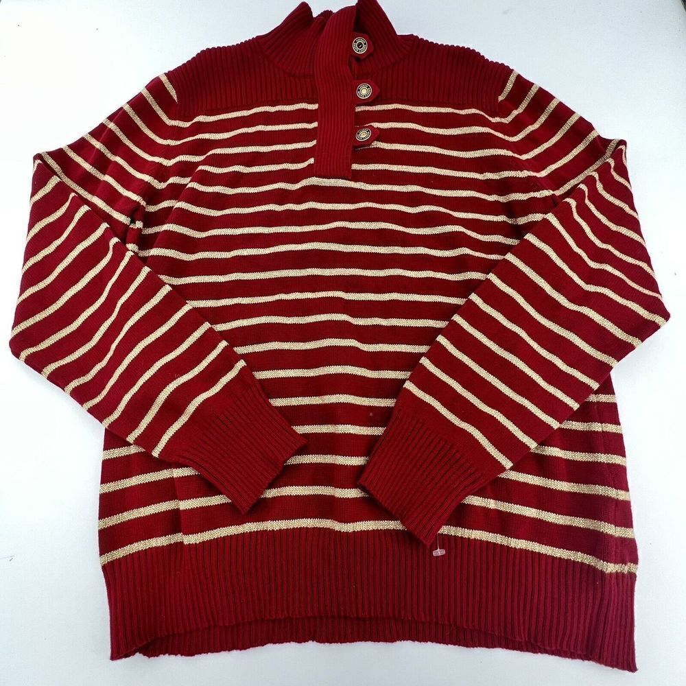 Ralph Lauren XL Striped Red Gold Knit Sweater With Snap Buttons